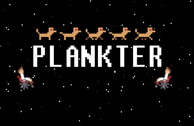 Starry background with the text 'Plankter' in the center. The sprite of Pixel the dog is above the text and the sprite of Dr. Plankter (a paraplegic in a wheelchair) is on either side of the text.